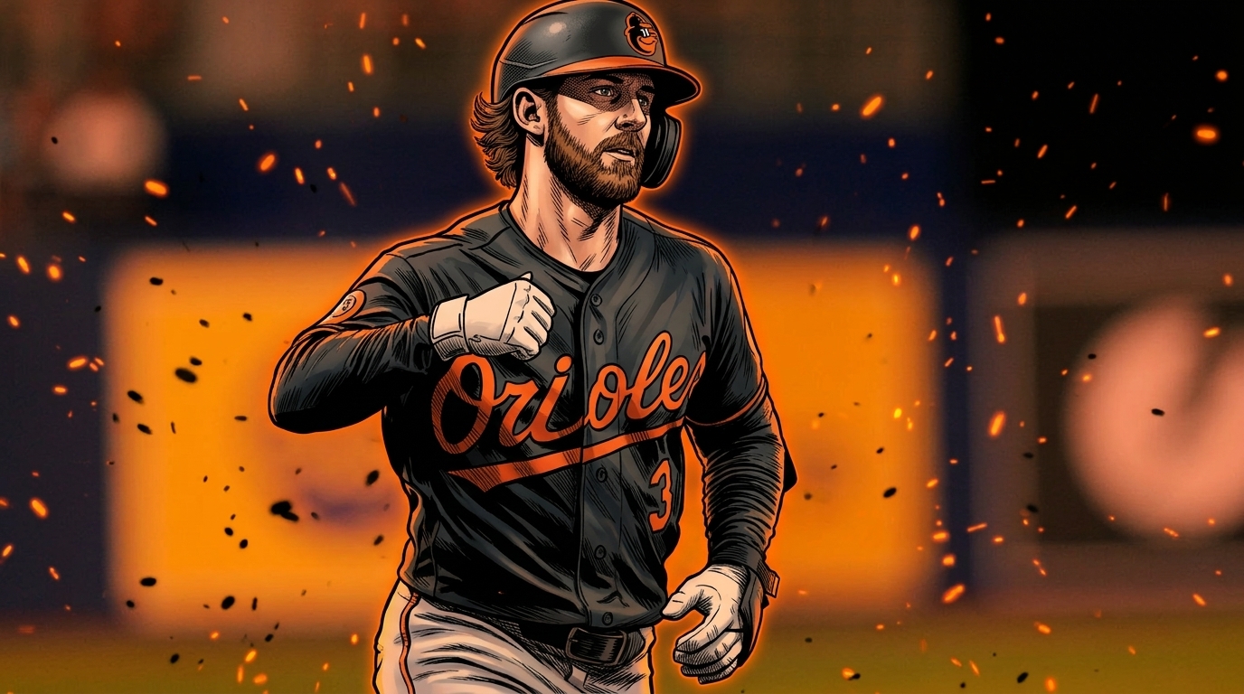 Comic-style illustration of Baltimore Orioles outfielder Taylor Ward in a black alternate jersey with orange Orioles script and number 3, orange particle-field effect against a blurred stadium background