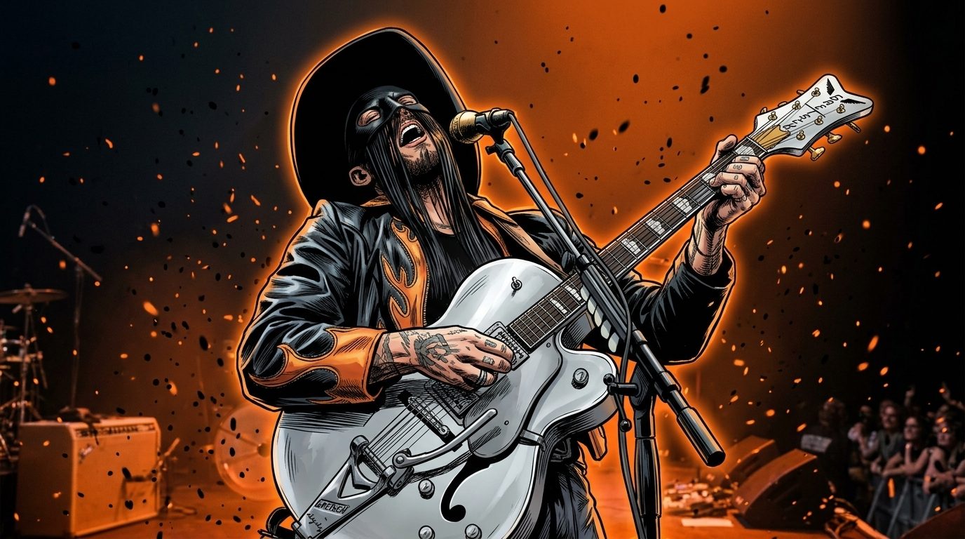 Comic-style illustration of Orville Peck performing onstage in his fringe mask and flame-appliqued black jacket, singing into a microphone stand as orange embers swirl around him against a black-and-orange stage backdrop.