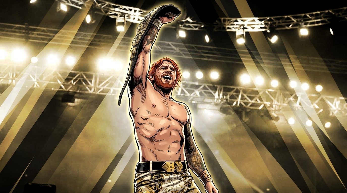 Will Ospreay, in comic-style illustration, raises the AEW World Championship belt under an arena lighting truss
