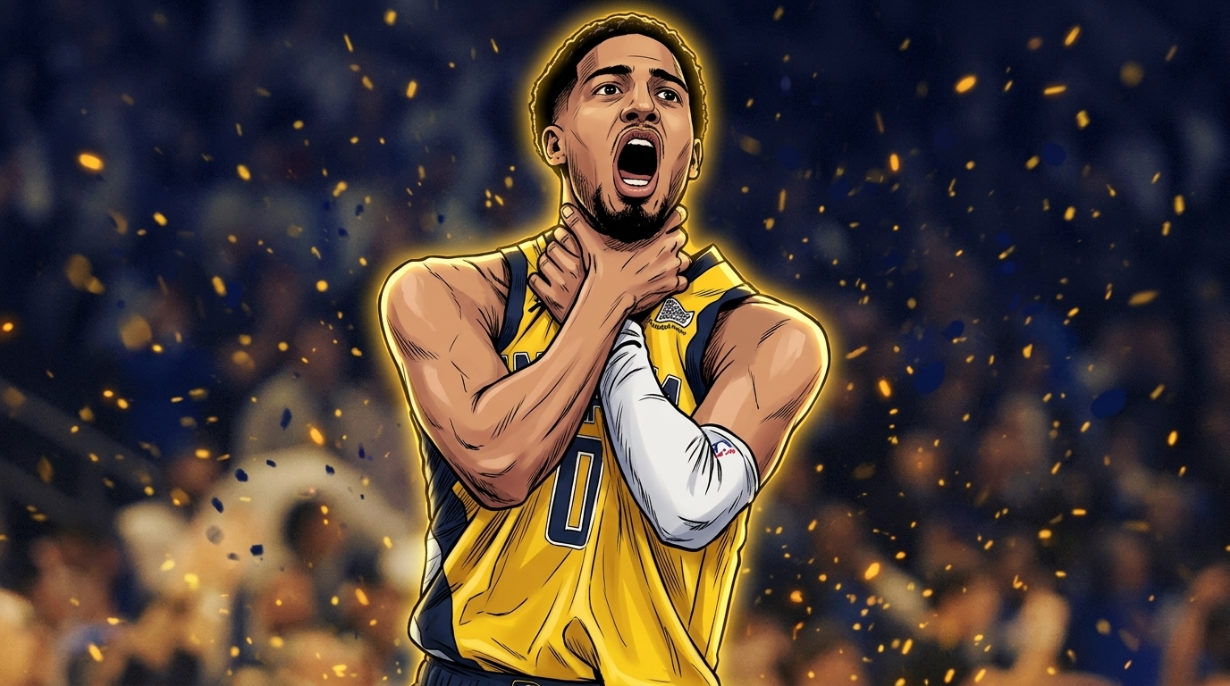 Comic-style illustration of Tyrese Haliburton in a Pacers jersey reacting with a chokehold celebration gesture, surrounded by gold particle effects