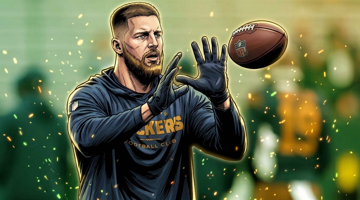 Comic-style illustration of Tucker Kraft catching a football in Packers warmup gear, particle field and floating embers effect over a blurred practice-field background