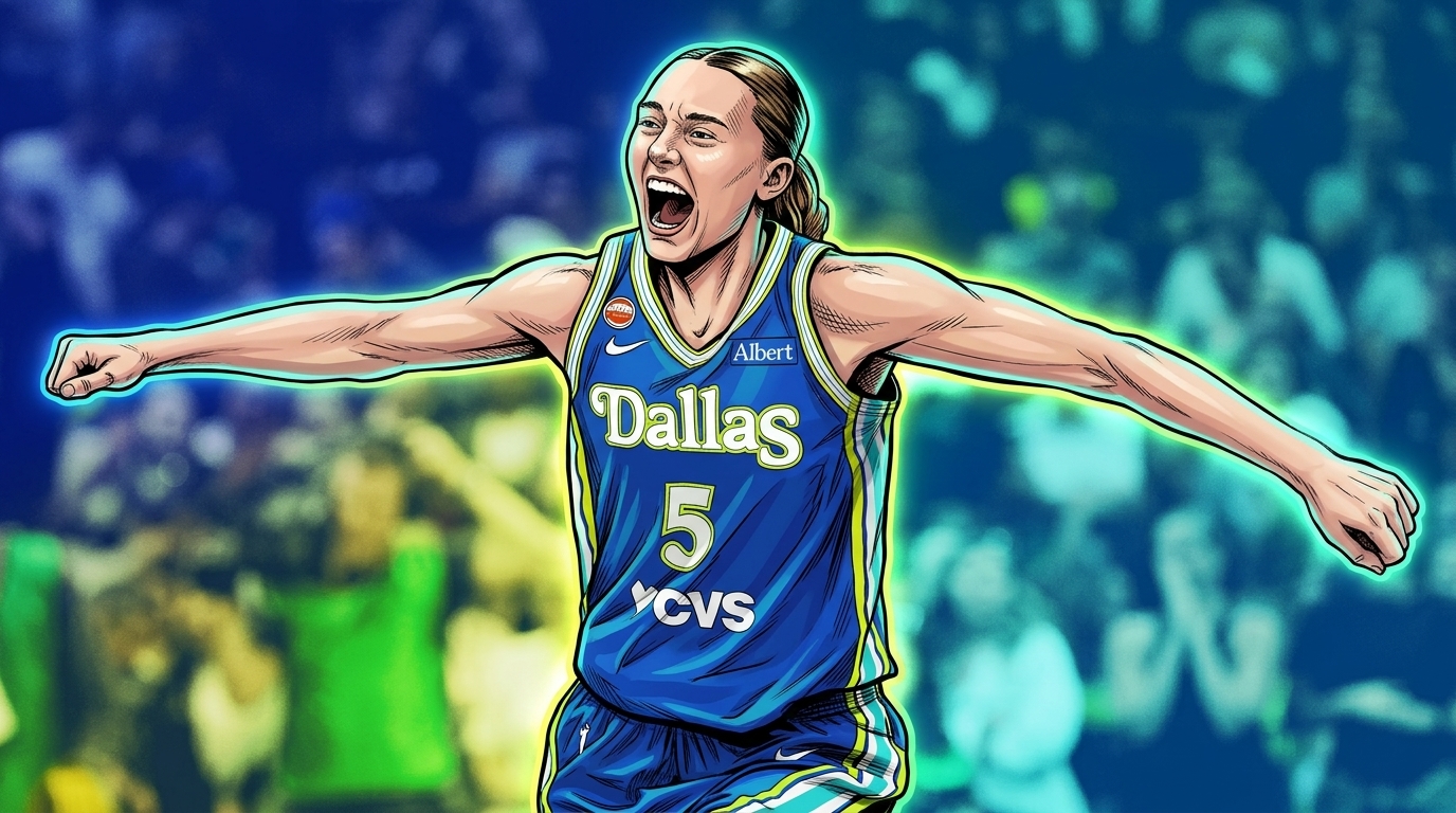 Paige Bueckers in Marvel comic book style wearing Dallas Wings blue jersey celebrating with neon glow effect