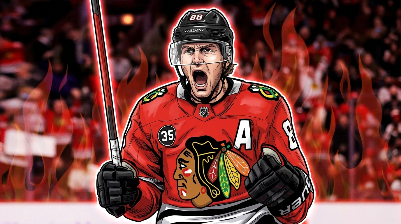 Patrick Kane in a Chicago Blackhawks jersey, comic-style treatment celebrating his return to Chicago