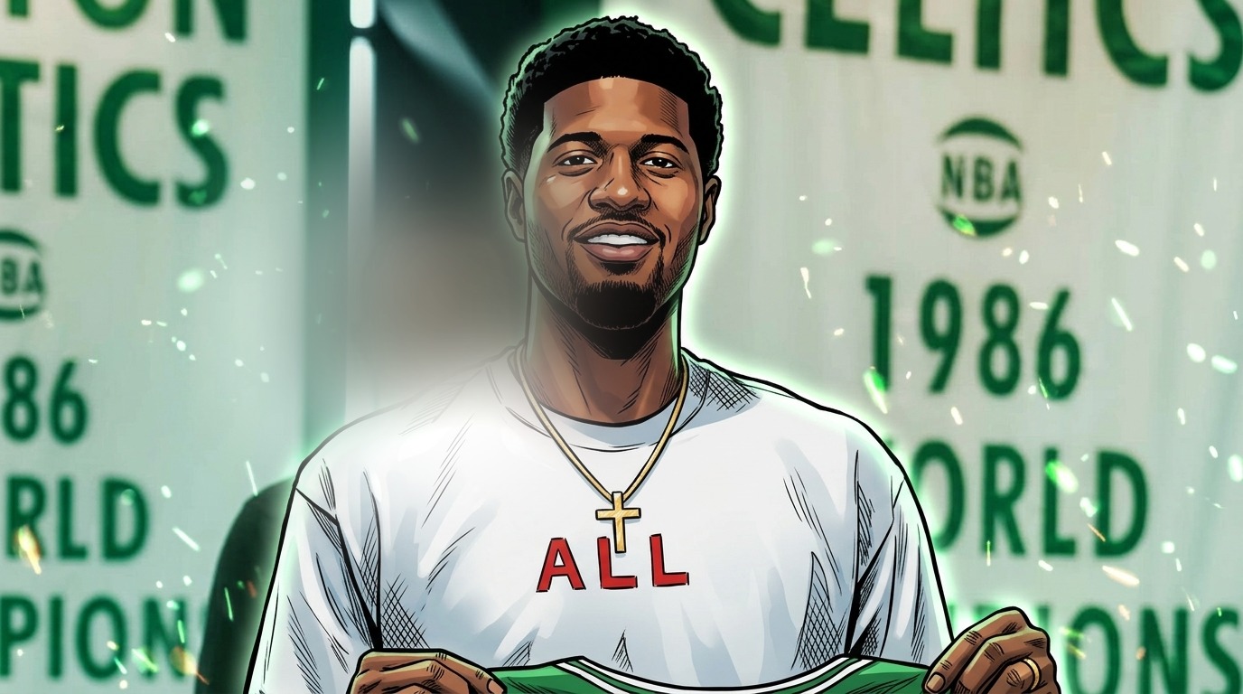 Comic-style illustration of Paul George in a white t-shirt holding up his new green Boston Celtics jersey in front of Celtics championship banners, particle field and floating embers effect