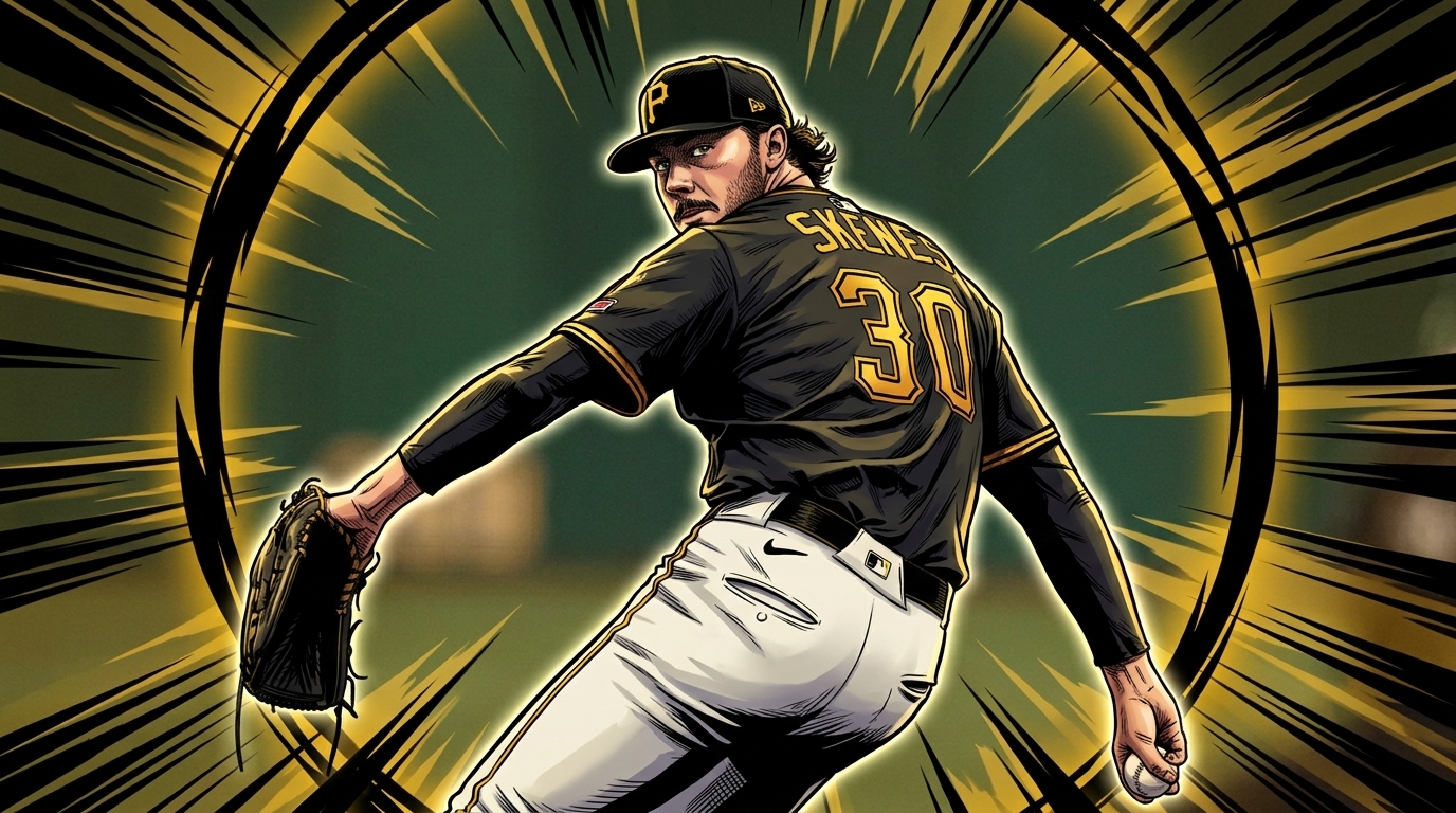 Comic-style illustration of Paul Skenes mid-windup in his black and gold Pirates uniform, shockwave effect behind him