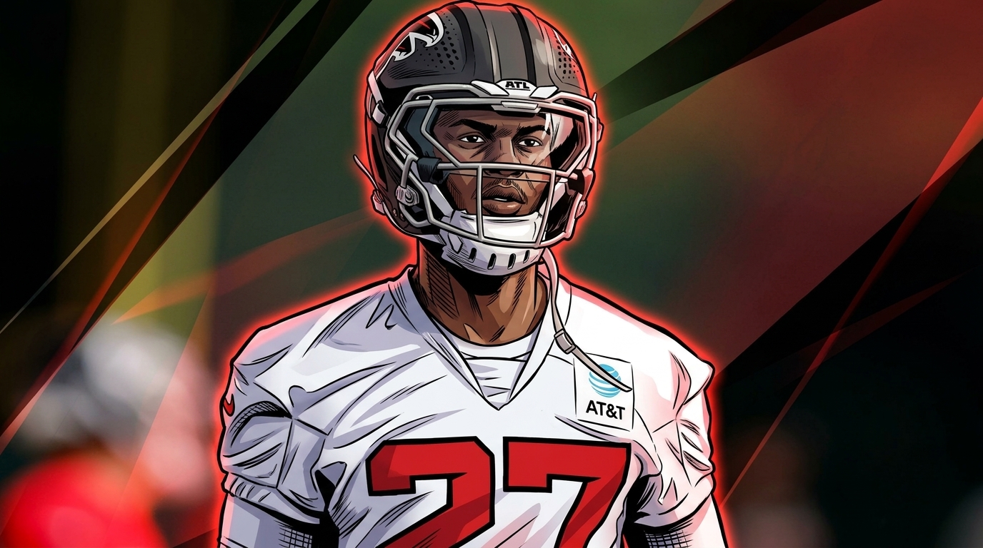 Comic-style illustration of James Pearce Jr. in a white Falcons practice jersey with red No. 27, black and silver helmet, tight mid-body framing, with a red and black geometric light streaks effect over a blurred green practice field background