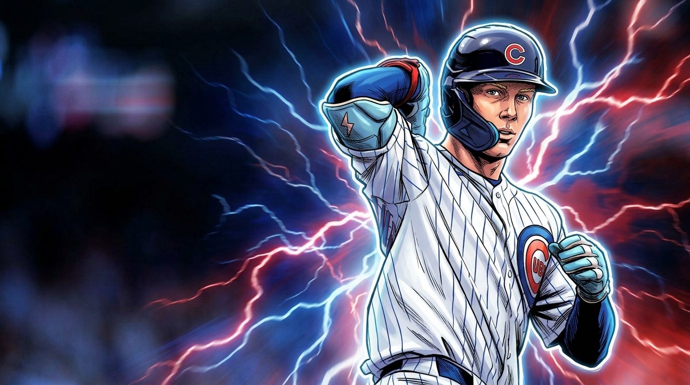 Comic-style illustration of Pete Crow-Armstrong in a white Chicago Cubs pinstripe jersey and navy batting helmet, fist raised in celebration, ringed in blue-and-red electric energy against a dark stadium background