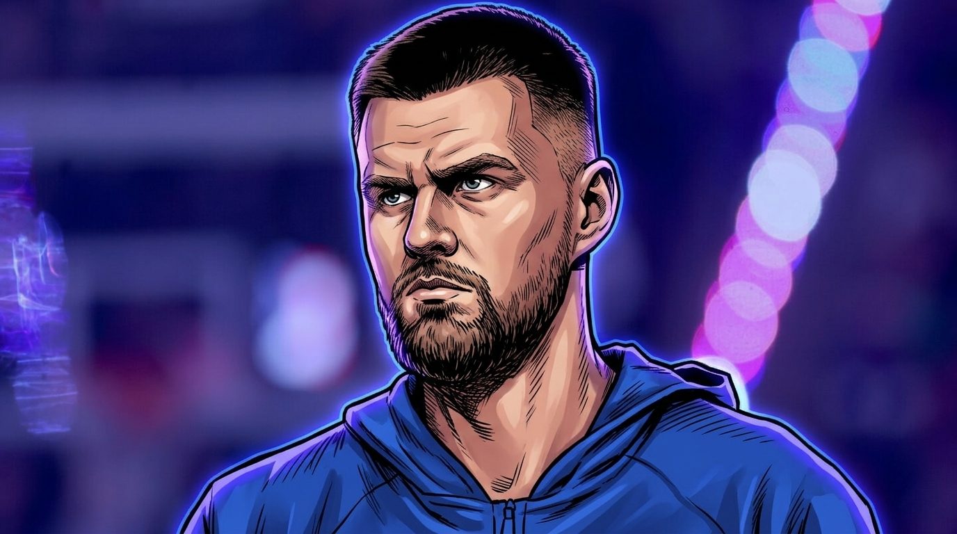 Comic-style illustration of Kristaps Porzingis in a blue zip-up hoodie, close-up portrait with a neon rim glow effect over a blurred arena tunnel background with bokeh lights — Swipe Sports