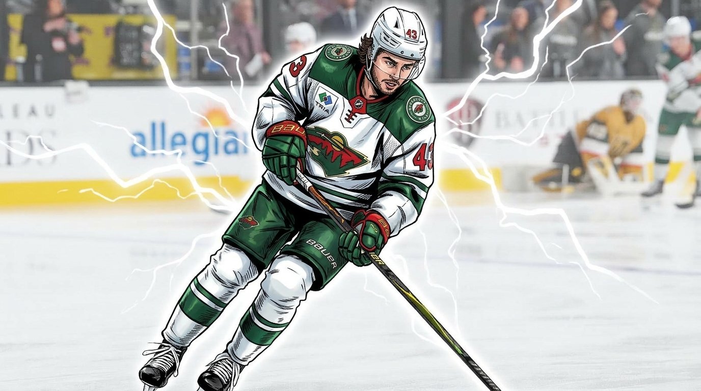 Quinn Hughes in Minnesota Wild jersey, comic-style illustration with electric energy lightning effect and green/white wash, blurred arena crowd background