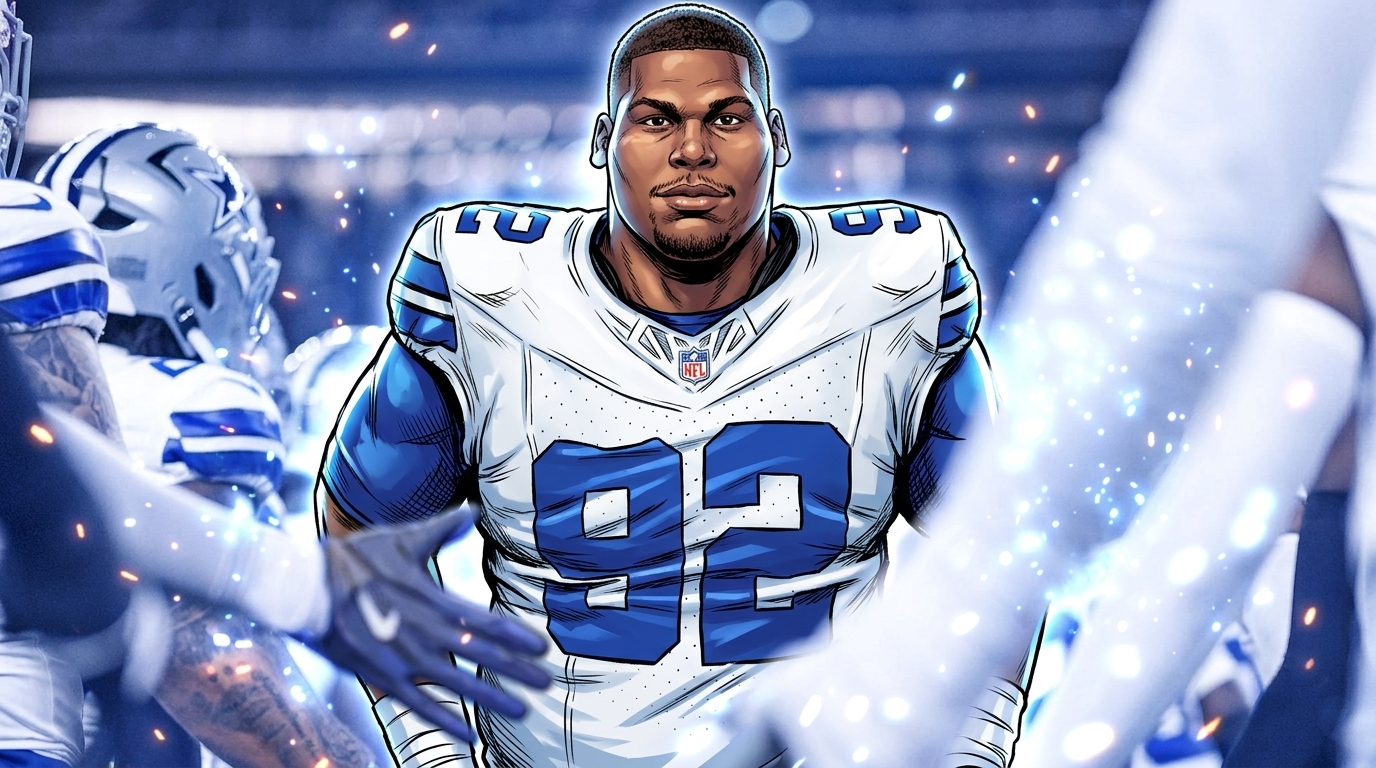 Comic-style illustration of Cowboys defensive tackle Quinnen Williams in white #92 jersey walking through the stadium tunnel with a blue particle-and-ember effect