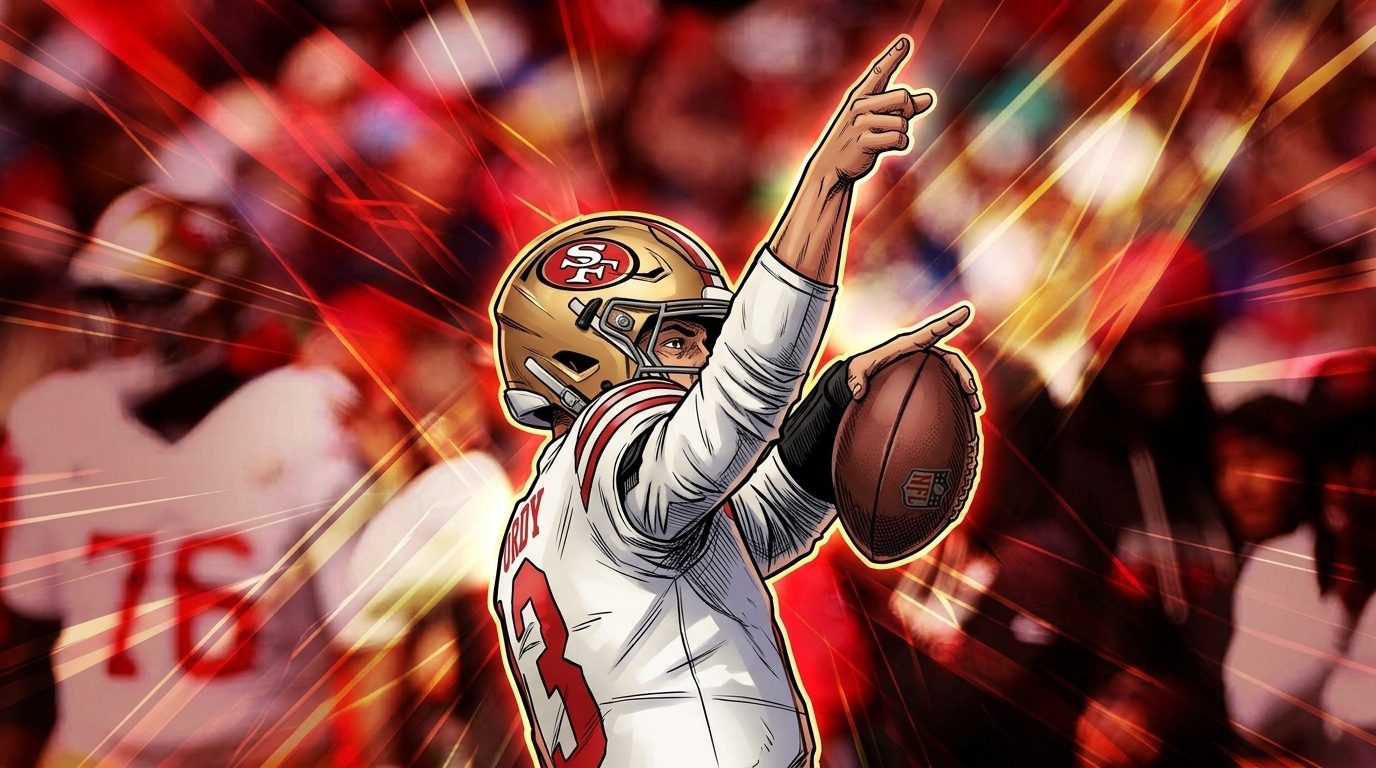 Comic-style illustration of Brock Purdy in a gold 49ers helmet and white jersey pointing skyward and holding a football, with a red-and-gold radiating light effect over a stadium crowd background.
