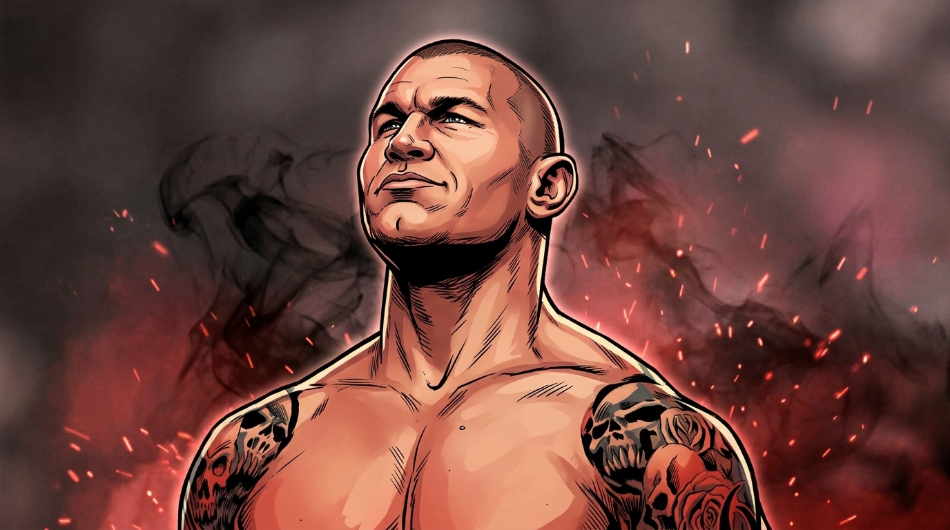 Randy Orton in comic book illustration style with red smoke and sparks