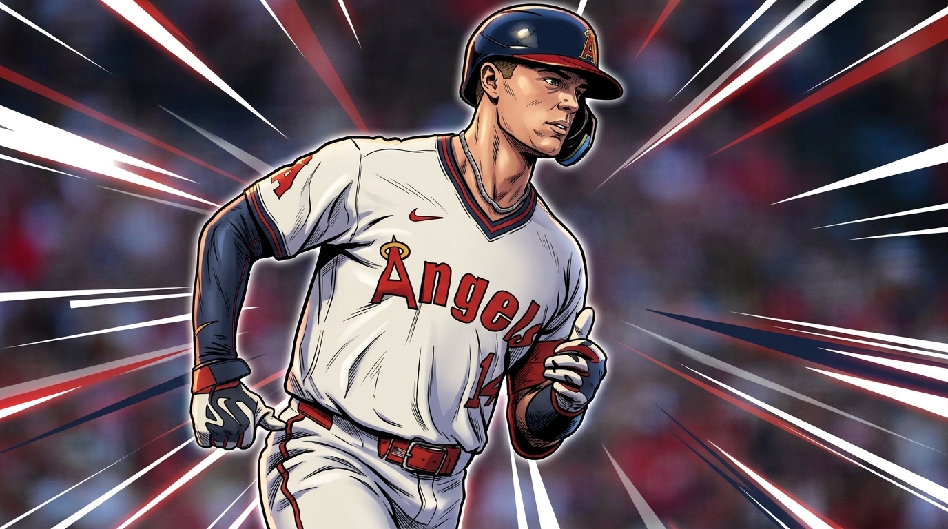Logan O'Hoppe in Marvel comic book illustration style running the bases, white Angels home jersey with number 14, navy helmet, geometric light-streak effect radiating from subject against blurred stadium crowd background