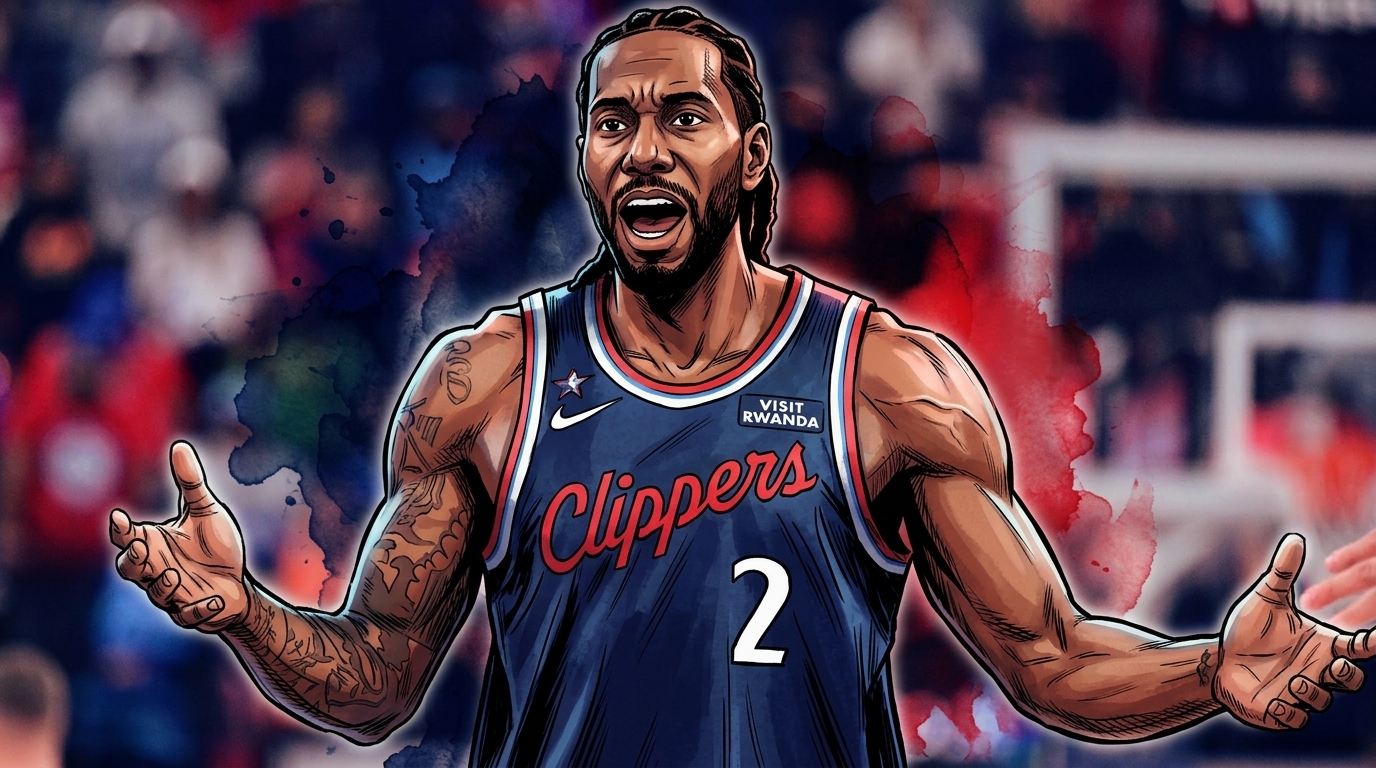 Kawhi Leonard in navy Clippers jersey, arms out in disbelief, ink wash watercolor bleed effect — Swipe Sports