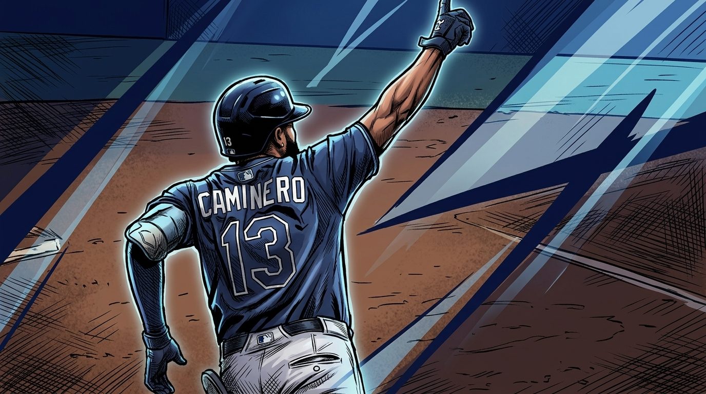 Comic-style illustration of Junior Caminero in a navy Rays jersey, pointing skyward during his ALCS Game 6 home run trot, with geometric light-streak effects over an infield-dirt background.
