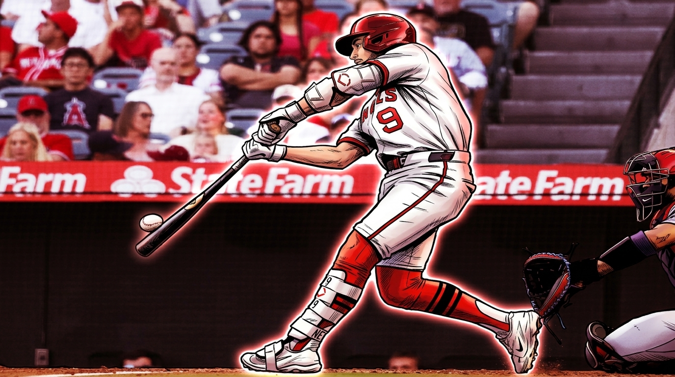 Comic-style illustration of Zach Neto mid-swing in a Los Angeles Angels white home jersey with red trim, neon rim glow effect