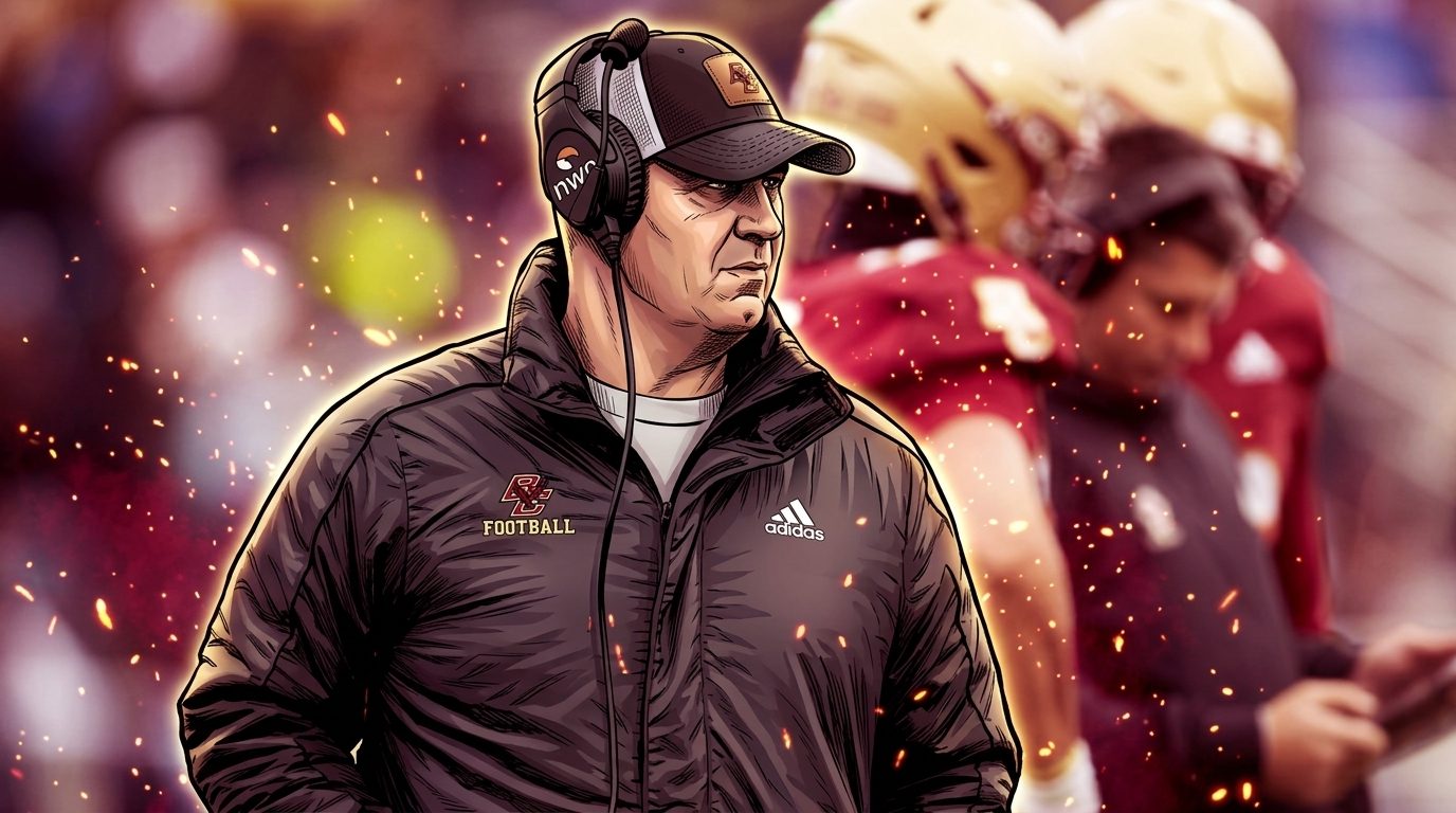 Comic-style illustration of Rutgers coach Greg Schiano at a podium in a tan suit with red tie, red Big Ten Media Days backdrop, smoke and spark effects
