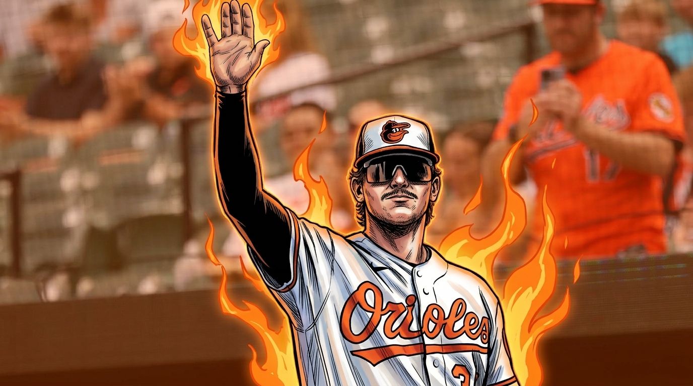 Comic-style illustration of Baltimore Orioles catcher Adley Rutschman in a white No. 35 home jersey waving to fans, flame effect outlining his silhouette against the Camden Yards stands