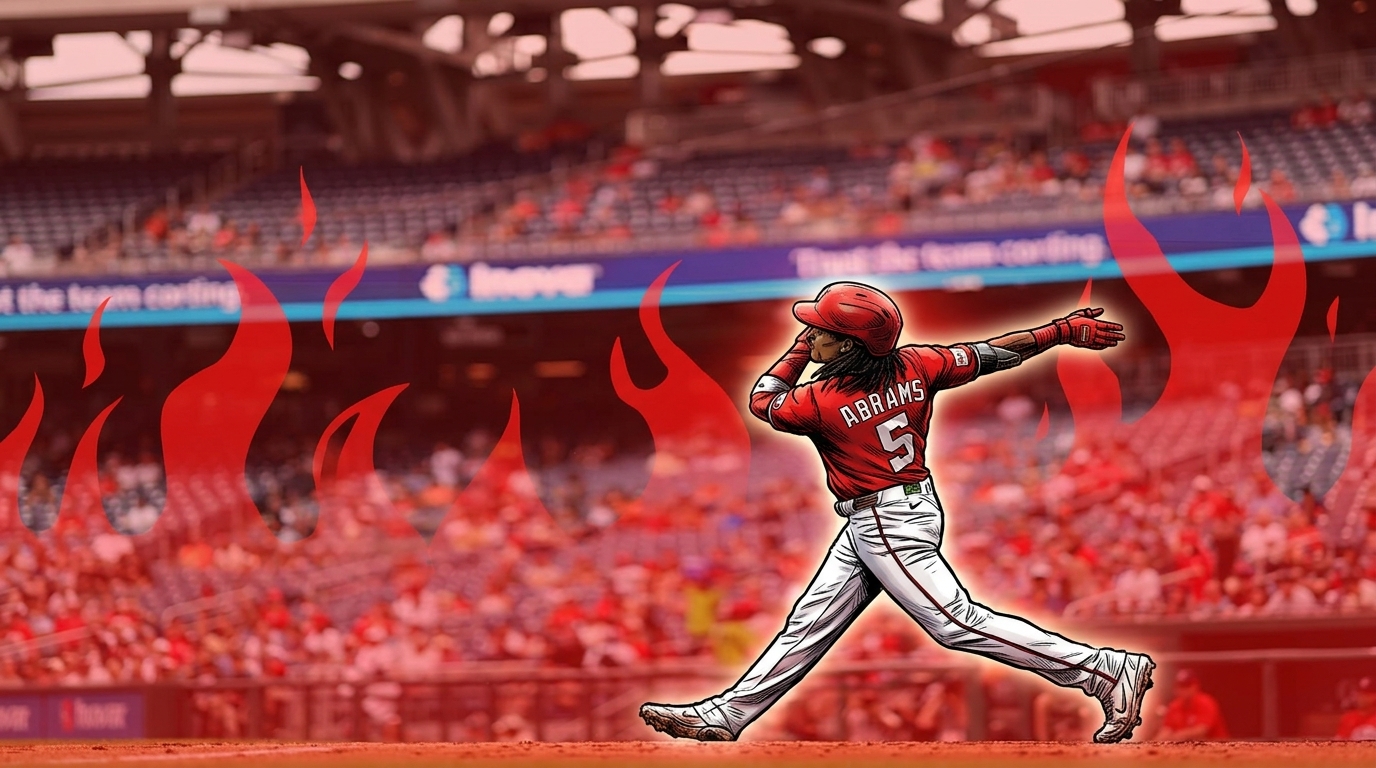 Comic-style illustration of CJ Abrams mid-swing in a Washington Nationals red home jersey and white pants, flames effect around him