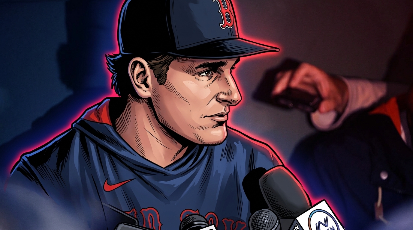 Roman Anthony in comic book illustration style with red-and-blue neon rim glow, speaking to reporters at a bank of microphones in the Red Sox dugout