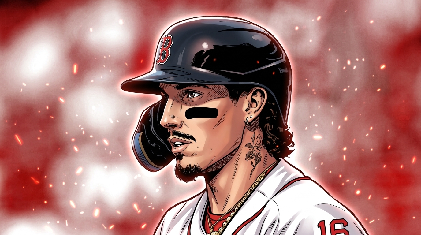 Jarren Duran in comic book illustration style with a red particle field and floating ember effect, wearing a Red Sox batting helmet and white home jersey with visible neck tattoo, profile view