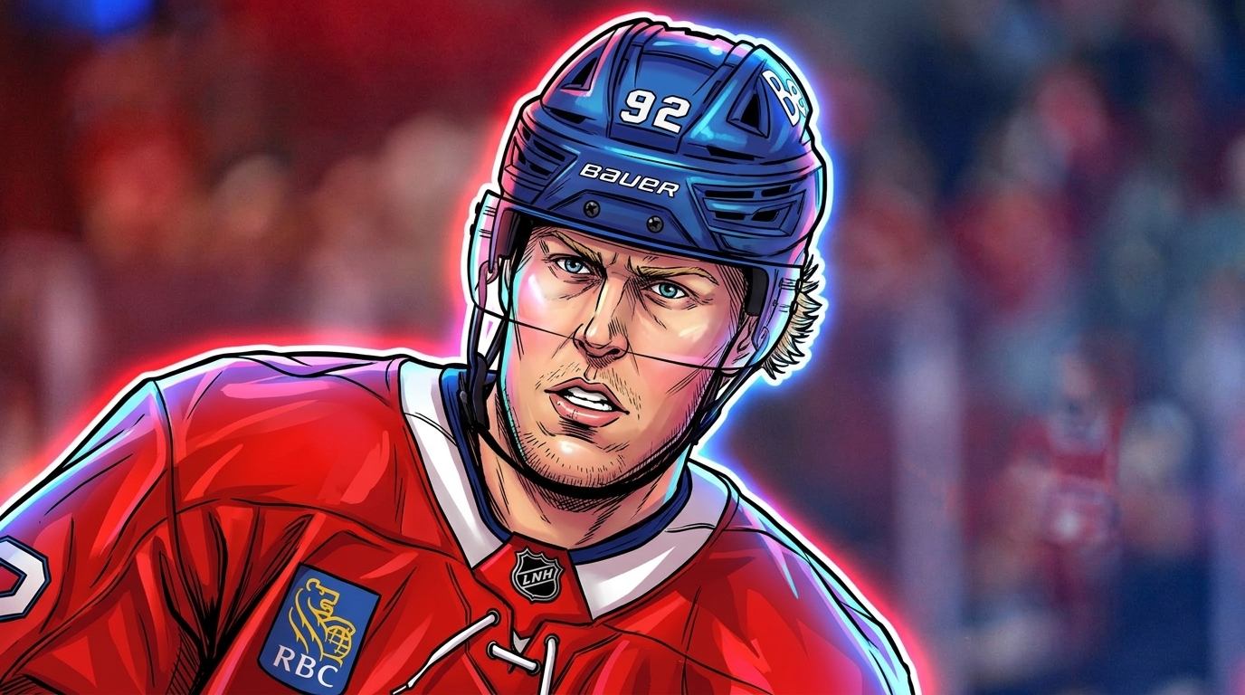 Comic-style illustration of Patrik Laine in a Montreal Canadiens jersey with a neon rim glow effect — Swipe Sports