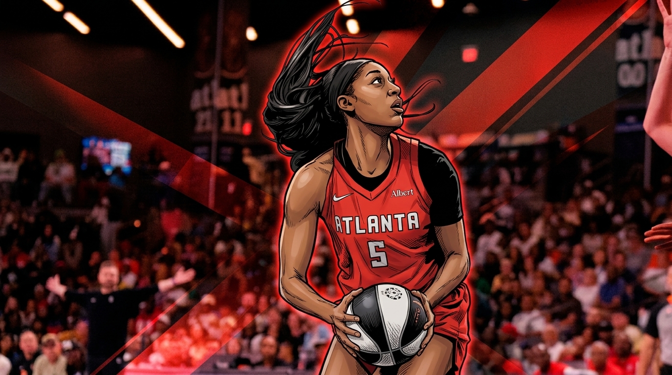 Angel Reese rendered as a comic book illustration in her red Atlanta Dream jersey, looking upward at the free-throw line with a red geometric light-streak effect -- Swipe Sports