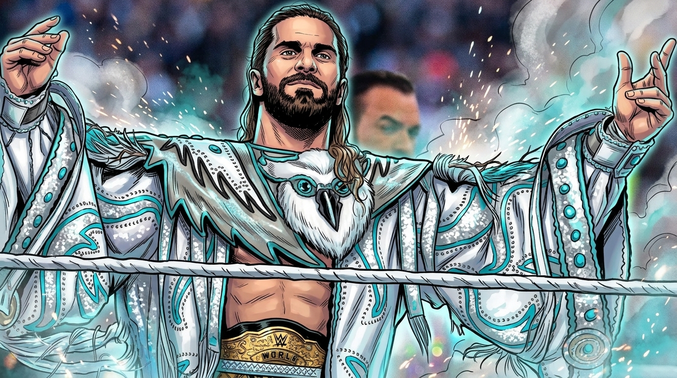 Comic-style illustration of Seth Rollins raising his arms in the ring wearing his white and silver entrance robe with the WWE World Heavyweight Championship around his waist