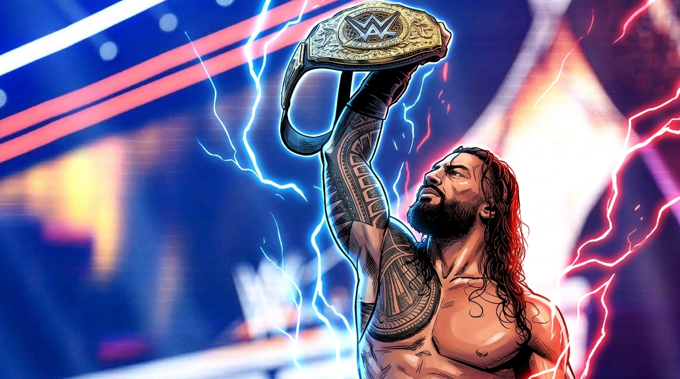 Comic-style illustration of Roman Reigns holding the WWE World Heavyweight Championship belt overhead, electric energy effects against a SummerSlam stage backdrop — Swipe Sports