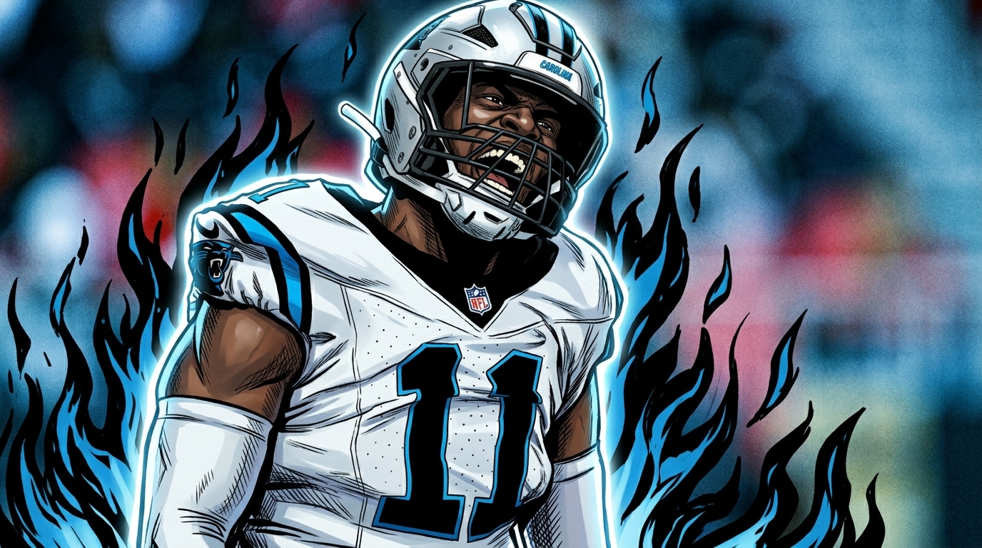 Comic-book illustration of Carolina Panthers pass rusher Nic Scourton in his white No. 11 road jersey, mouth open mid-shout, blue flame effects and a blurred stadium crowd behind him