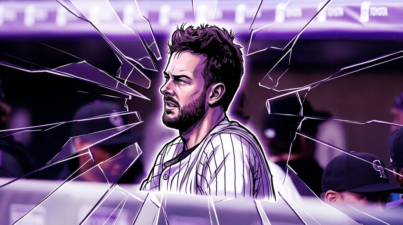 Comic-style illustration of Kris Bryant in a white Rockies pinstripe jersey with a purple shattered-glass effect over a dugout background