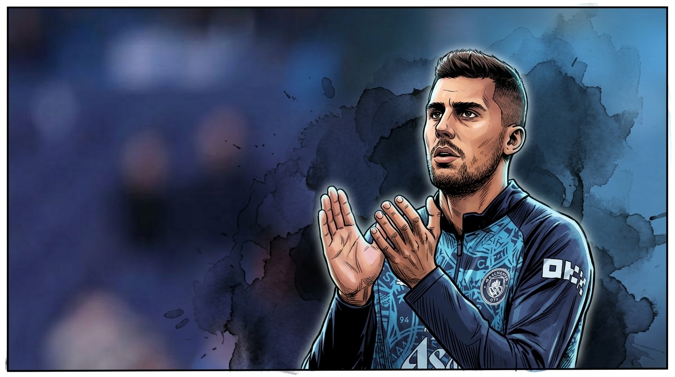 Comic-style illustrated portrait of Rodri applauding fans in a navy and sky-blue Manchester City training top, with ink-wash blue color effects over a blurred stadium backdrop