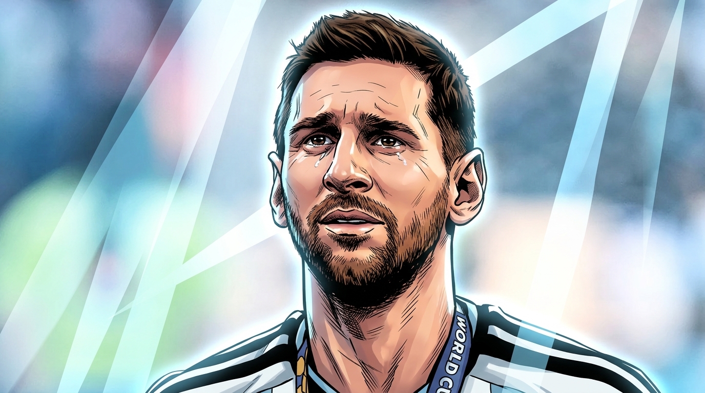 Lionel Messi in tears wearing the Argentina kit, Marvel comic book style with geometric light streak effect