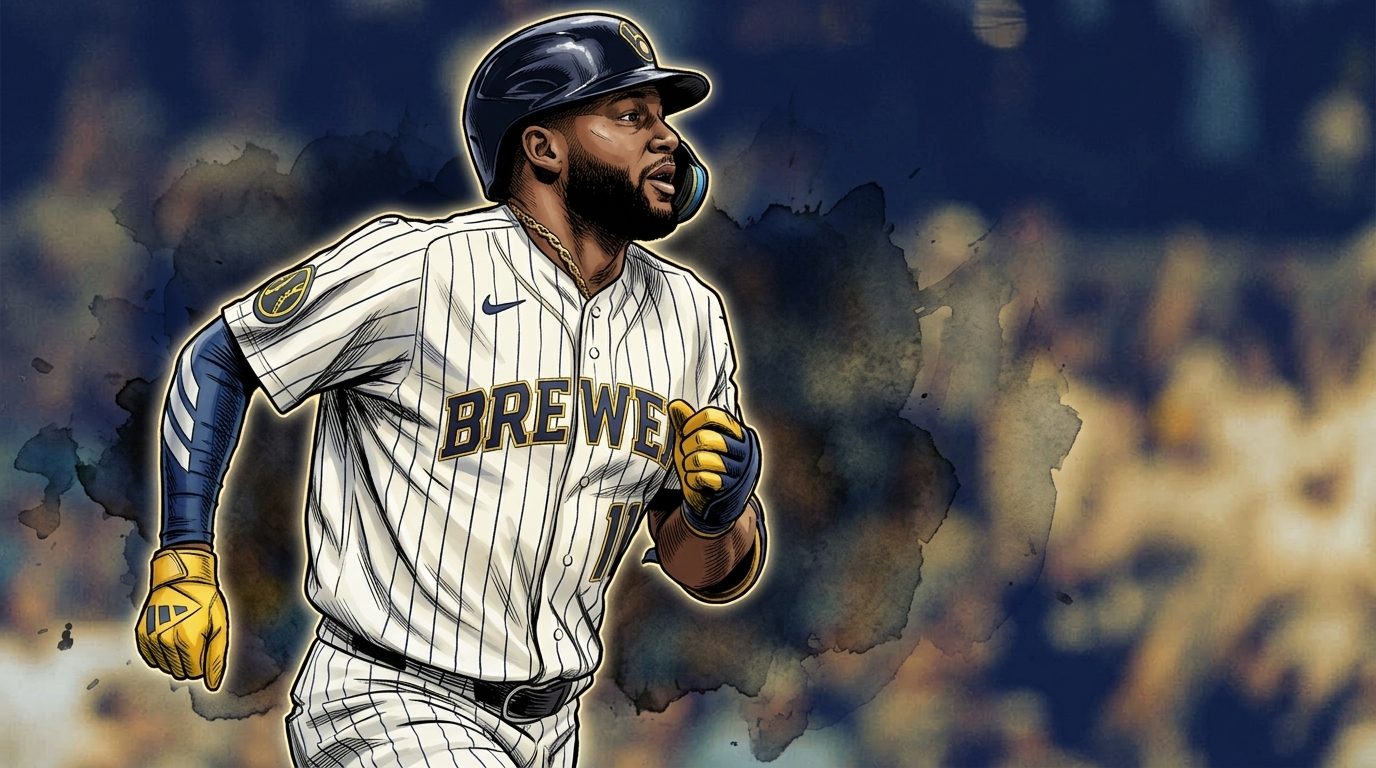 Jackson Chourio of the Milwaukee Brewers in comic book style, running the bases in his home white pinstripe jersey with fist raised, outlined against a navy-and-gold ink wash crowd backdrop