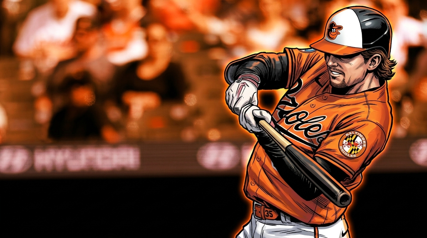 Comic-style illustration of Adley Rutschman mid-swing in an Orioles orange home jersey with a neon rim-glow effect against a blurred Camden Yards backdrop
