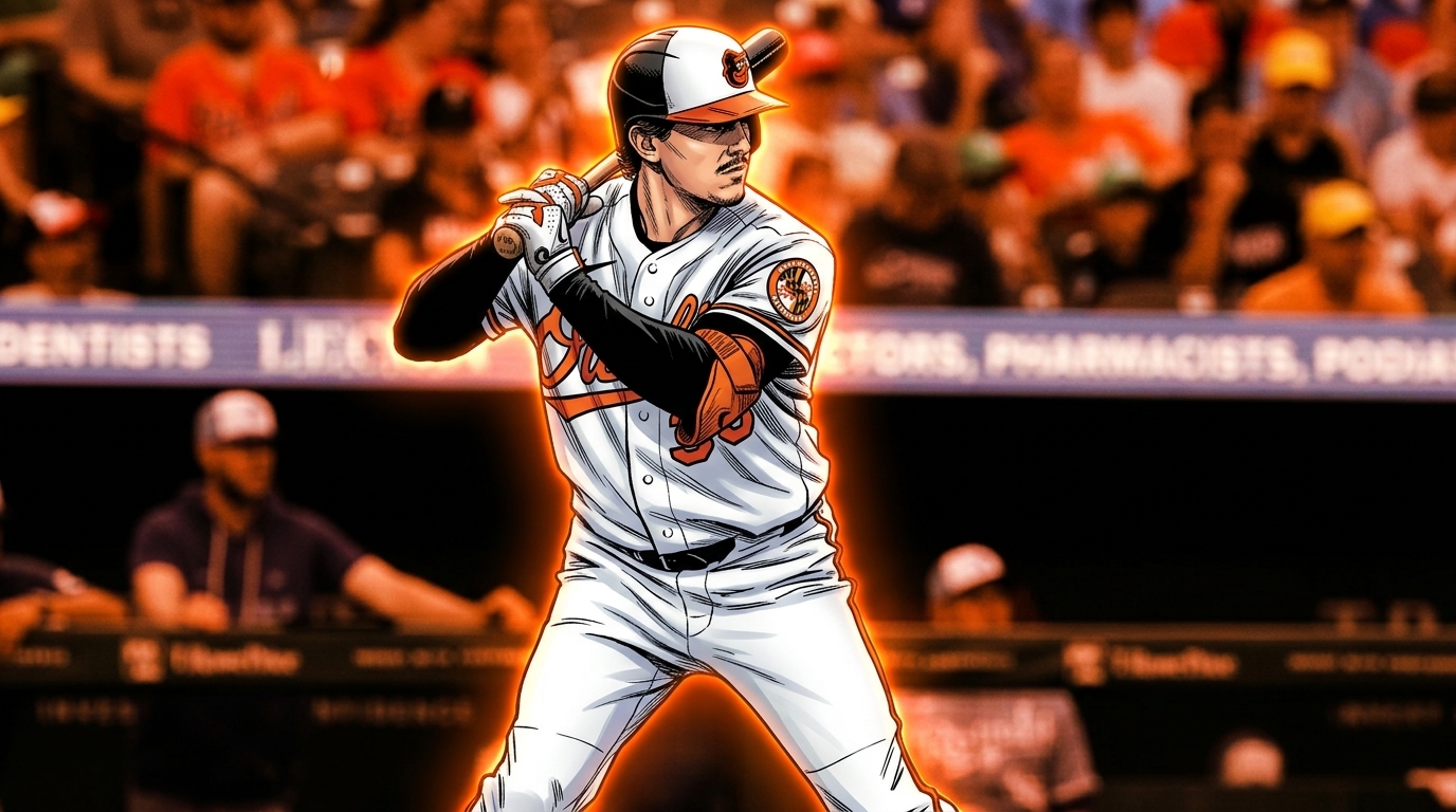 Adley Rutschman mid-batting-stance in comic book illustration style with orange neon rim-glow effect, Orioles home whites, Camden Yards crowd blurred in the background