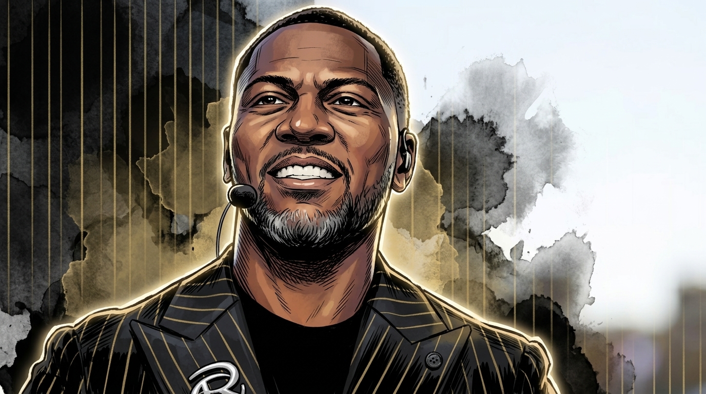 Comic-style illustrated portrait of Ryan Clark, ESPN NFL analyst, in a black and gold pinstriped suit and headset microphone, smiling against a black and gold ink-wash background.