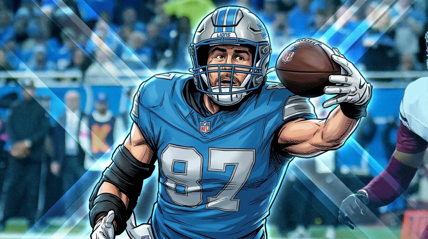 Sam LaPorta of the Detroit Lions in comic book style, close-up raising a football in his Honolulu blue home jersey and silver Lions helmet, blue geometric light-streak effect radiating behind him