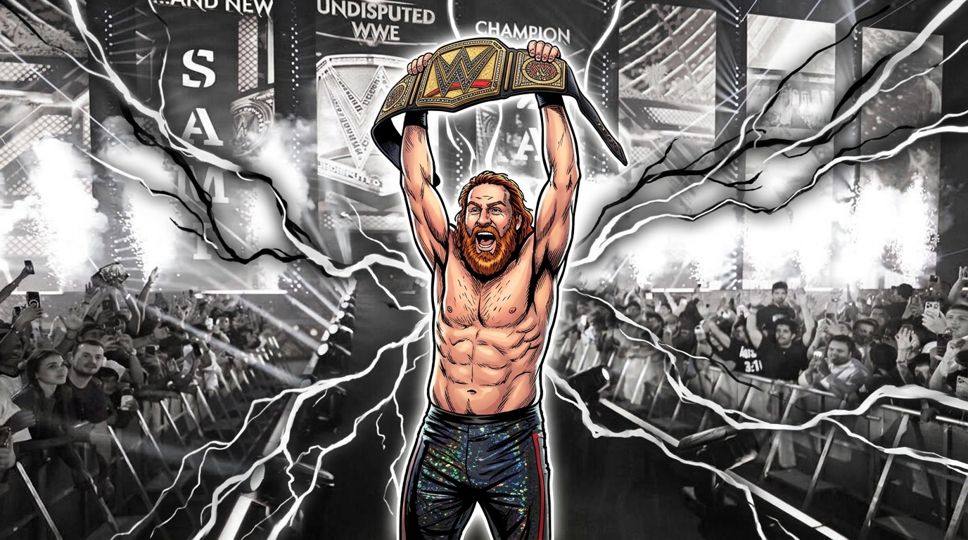 Sami Zayn holds the WWE Championship aloft at Night of Champions 2026