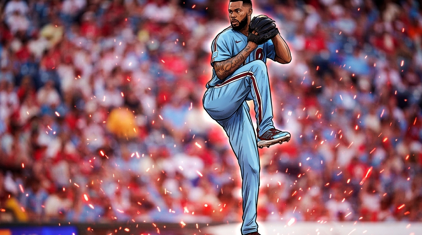 Comic-style illustration of Cristopher Sanchez in a powder-blue Phillies pitching uniform mid-windup, leg raised and glove at his chest, red-orange ember particle effect and red team-color wash over a packed stadium crowd backdrop — Swipe Sports