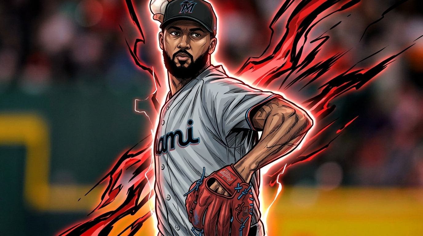 Comic-style illustration of Sandy Alcantara mid-windup in a Miami Marlins road jersey, framed by a red-and-black electric energy effect