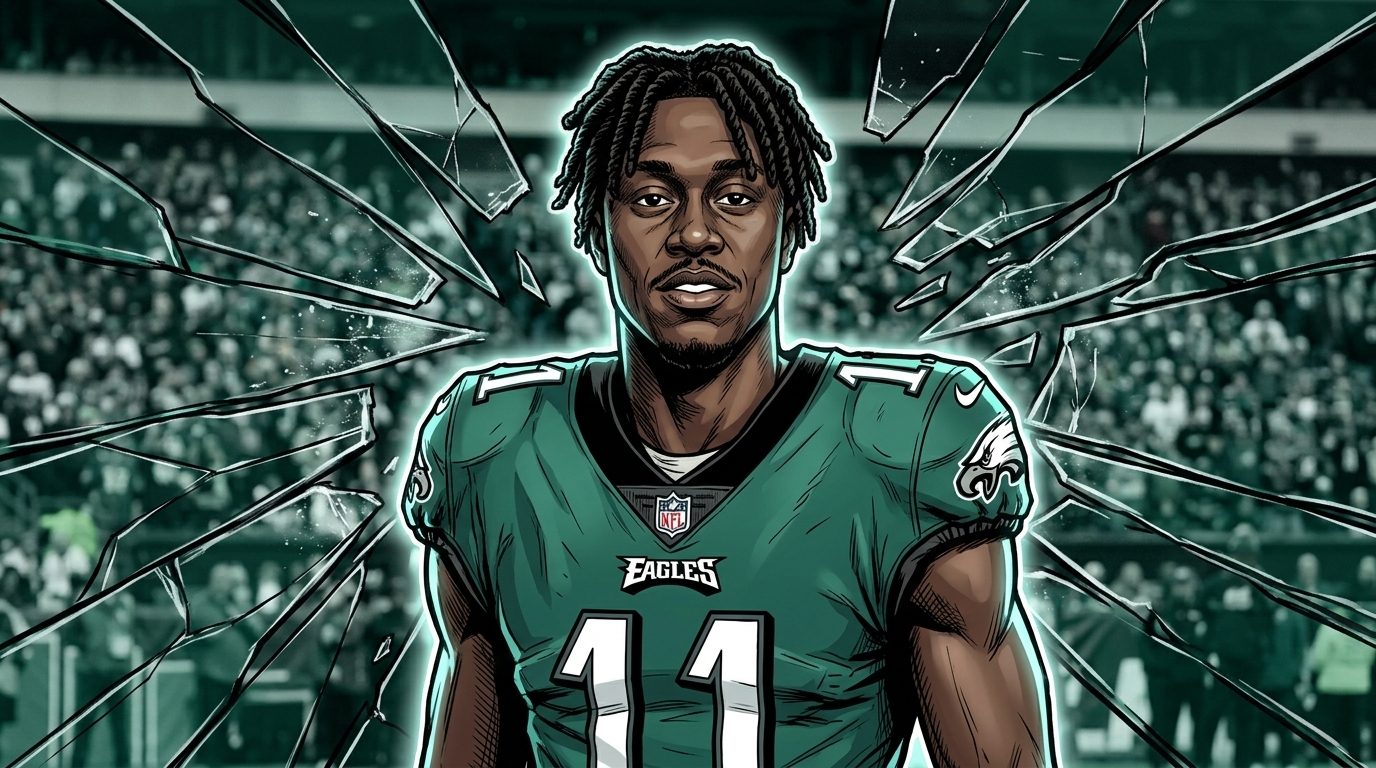 Philadelphia Eagles player in team uniform, comic-style illustration