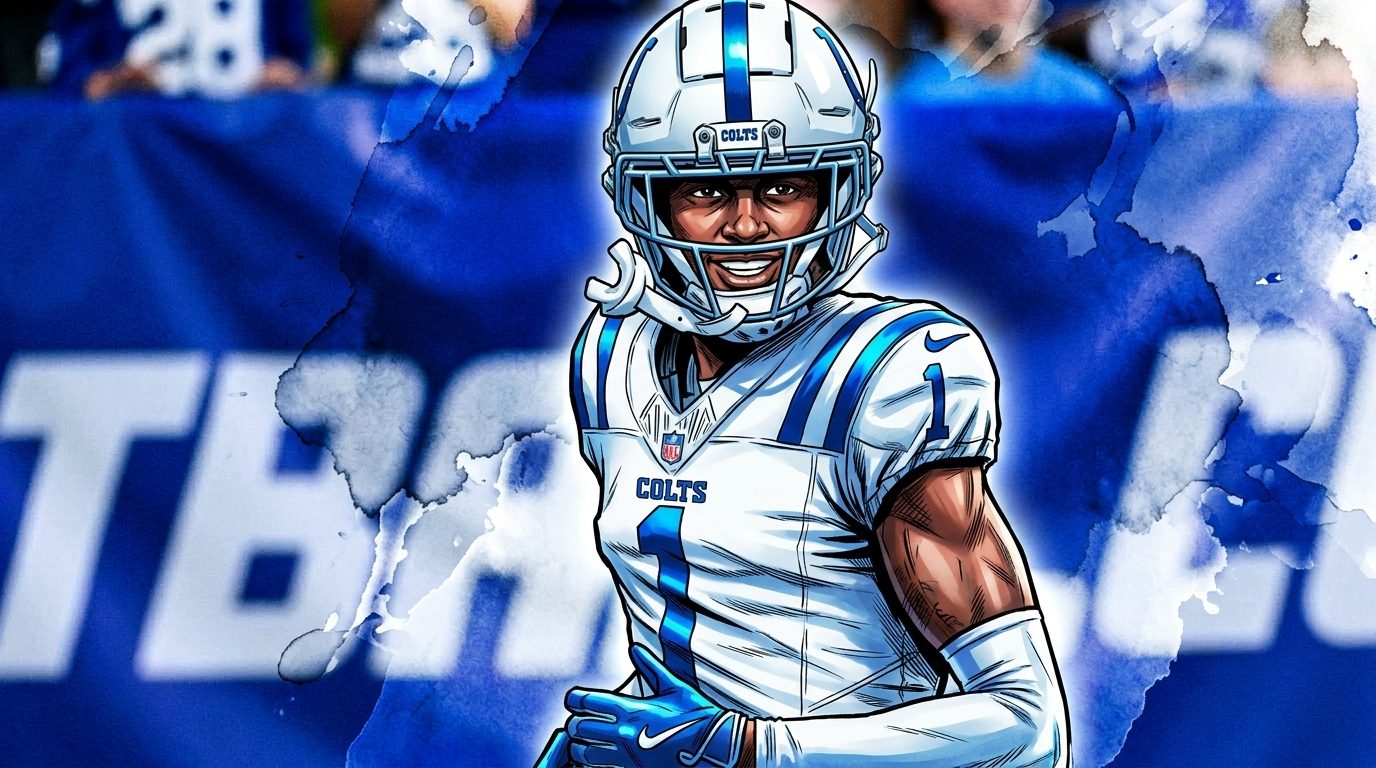 Comic-style illustration of Colts cornerback Sauce Gardner in his white road jersey with ink wash and watercolor bleed effects