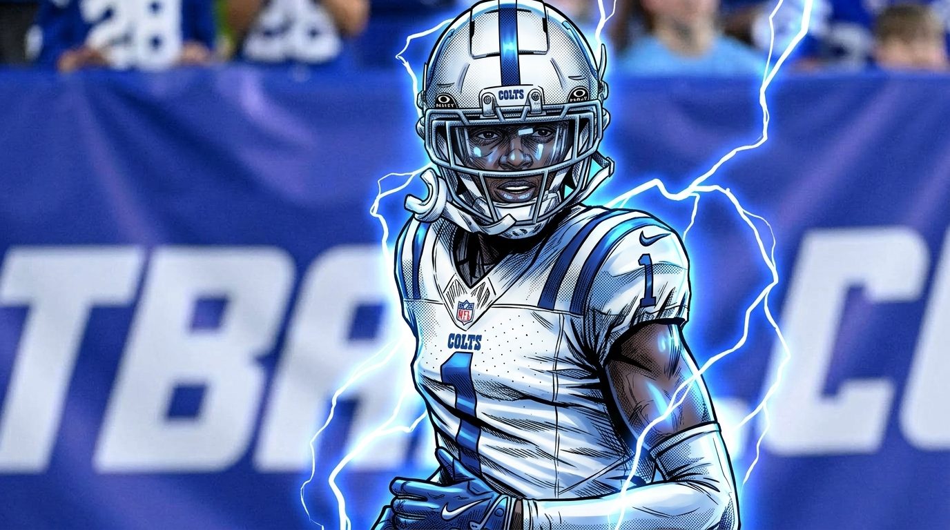 Comic-style illustration of Colts cornerback Sauce Gardner in his white road jersey with electric-energy effects