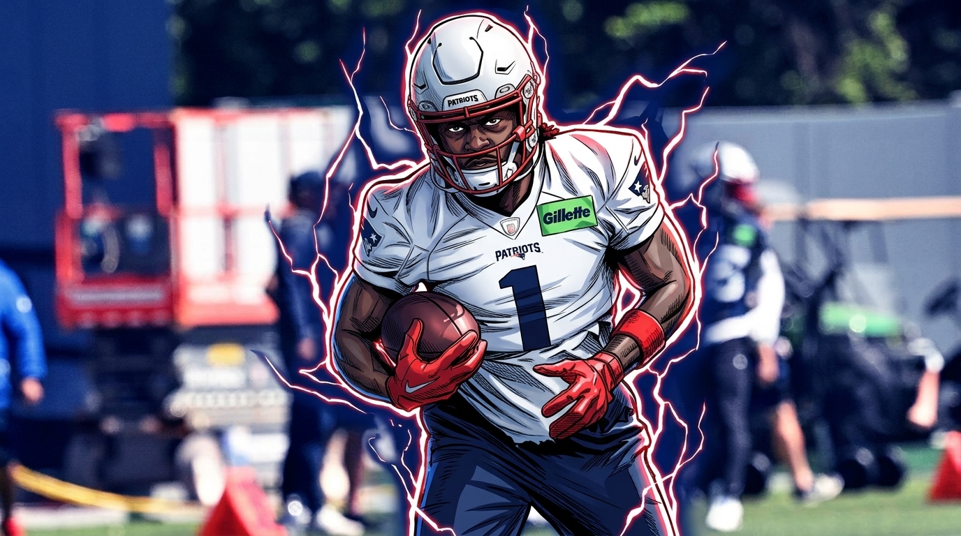 Comic-style illustration of A.J. Brown in a white New England Patriots practice jersey holding a football, surrounded by an electric energy lightning effect, blurred practice field in the background.