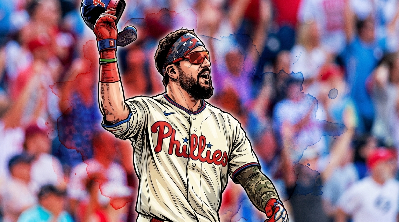 Comic-style illustration of Kyle Schwarber celebrating his walk-off home run for the Phillies