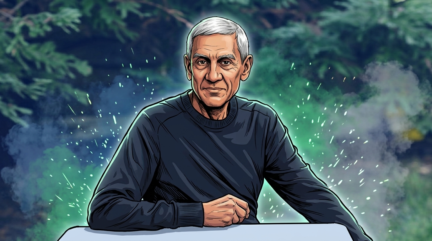 Comic-style rendering of new Seahawks owner Vinod Khosla in a navy sweater with a smoke-and-sparks effect over a green-and-navy tinted outdoor background