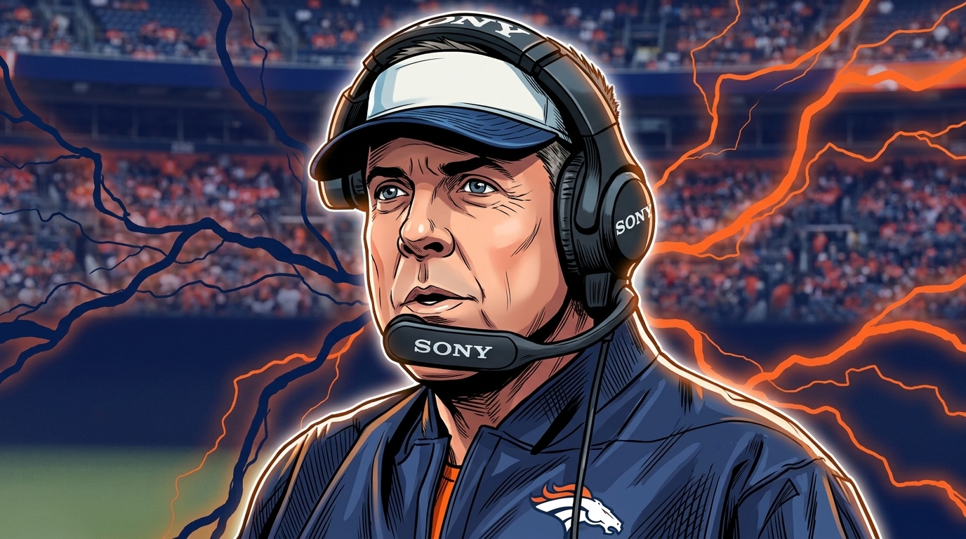 Sean Payton in comic style with orange and navy electric-energy effect on the sideline — Swipe Sports