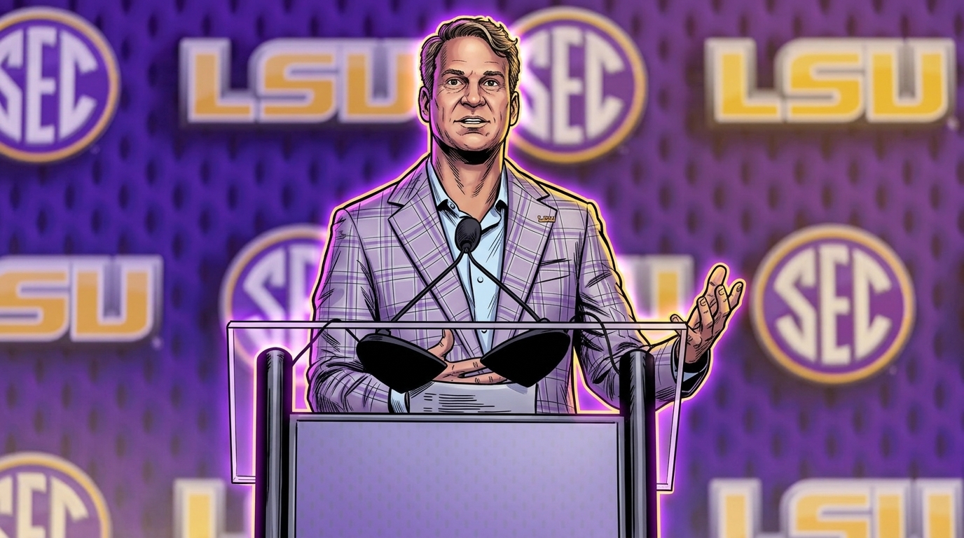 Comic-style illustration of Lane Kiffin at a podium in front of SEC and LSU logos, gold neon rim glow effect