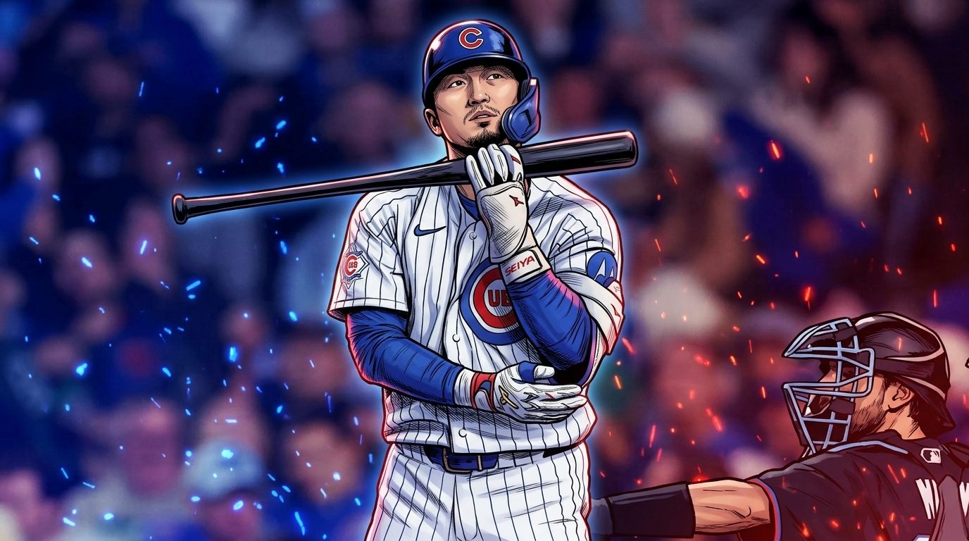 Comic-style illustration of Seiya Suzuki in a white Cubs pinstripe jersey resting a bat across his shoulders, particle-ember effect against a blue and red stadium backdrop